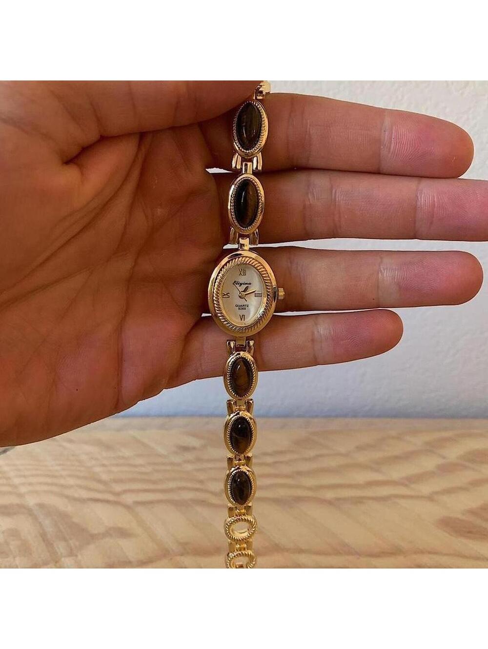 Y2k style Dainty cute Gold style tone quartz watch with brown jade stone opal - Picture 8 of 8